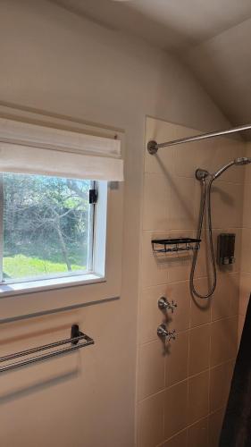 a bathroom with a shower and a window at Peaceful 1BR Escape Perfect Katoomba Leura Base in Katoomba