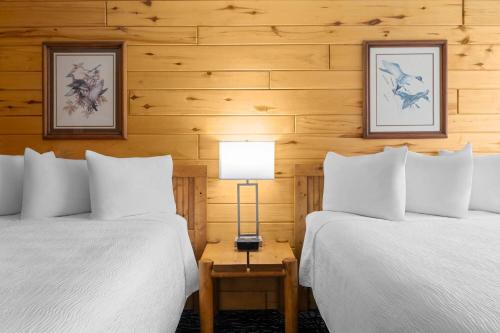two beds in a room with wooden walls at Baymont by Wyndham Duluth Spirit Mountain in Duluth