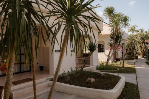 a group of palm trees in front of a building at El Campo Mushroom in Nusa Lembongan