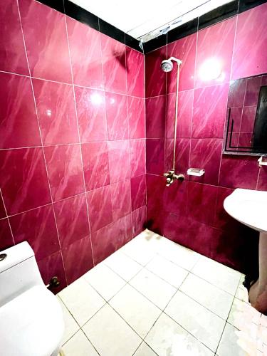 a purple bathroom with a toilet and a sink at Airport view hotel in Lahore