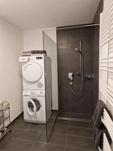 a bathroom with a washing machine and a washer at Gelis Ferienwohnung in Aichstetten