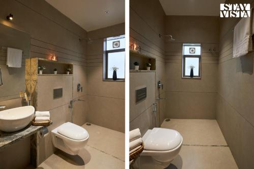 two pictures of a bathroom with a toilet and a sink at StayVista at Mount Brook with Mountain views, AC, Lawn in Igatpuri