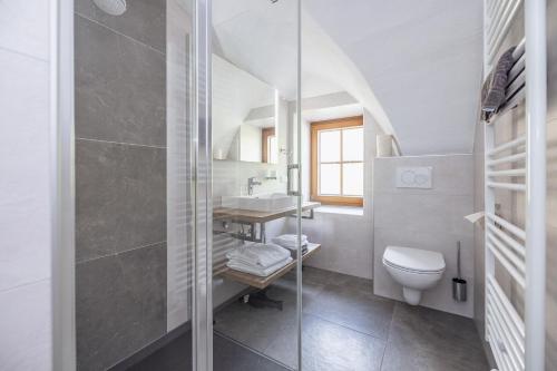 a bathroom with a shower and a toilet and a sink at Allesbauer - Familie Preis in Trebesing