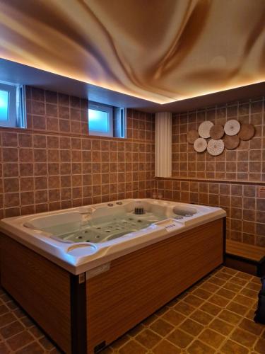 a jacuzzi tub in a tiled bathroom with two windows at Apartmány Aurelius in Trenčín