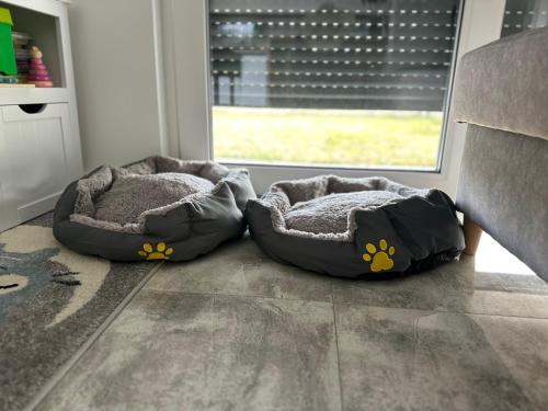 two dog beds sitting on the floor next to a window at Nowa Olza - domek na wynajem in Olza