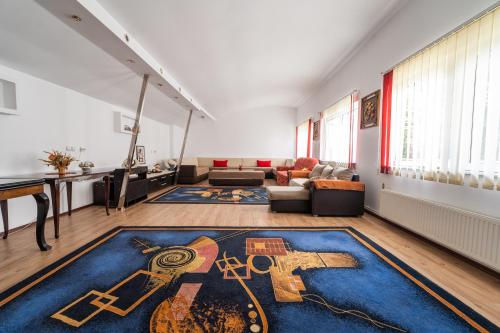 a living room with a blue rug on the floor at Lake Experience - Casa de vacanta in Măineasca