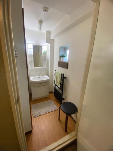 a bathroom with a sink and a mirror and a stool at Blowhard Lodge Niseko in Kutchan