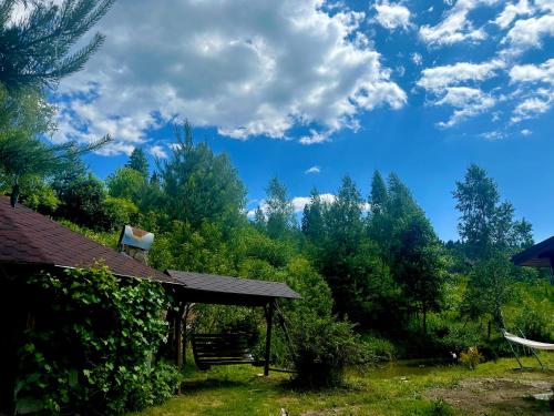 a house with a gazebo next to a forest at Подих Карпат in Slavske