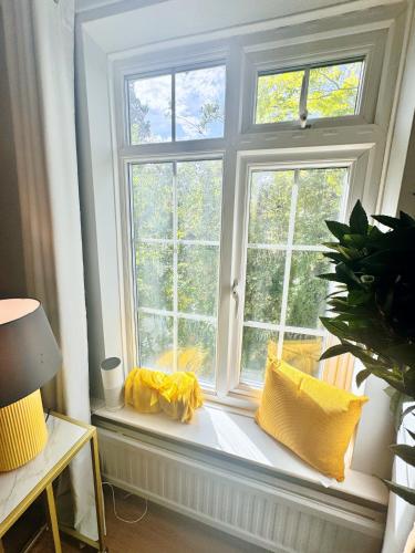 a window with two yellow pillows on a window sill at Best Deal 1 Bed Apartment 5 minutes from Bedford in Bedford