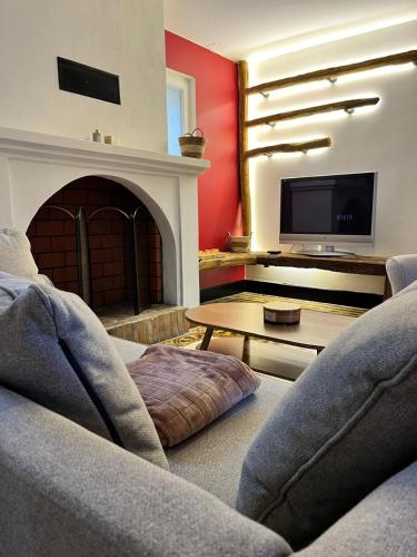 a living room with a fireplace and a tv at Domaine de Pourrouquet - Demeure de charme et Gîte in Vic-Fezensac