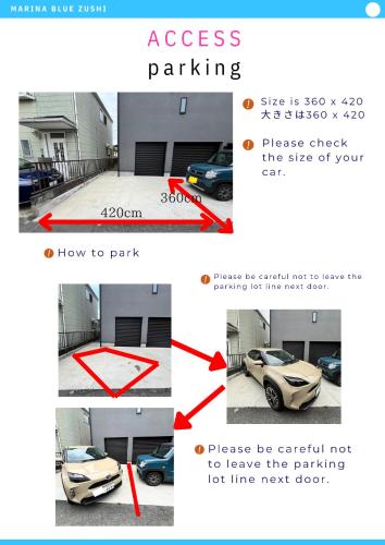 a screenshot of four photos of a parking lot at Marina blue zushi in Zushi