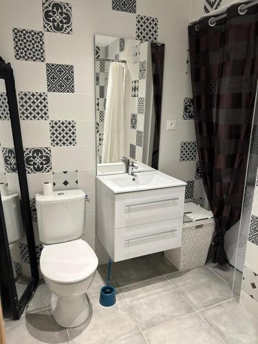 un bagno con WC, lavandino e specchio di La Mirella a Labenne