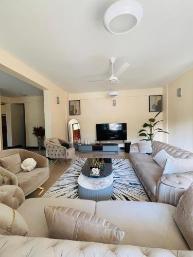 a large living room with couches and a tv at QD Apartment in Arusha