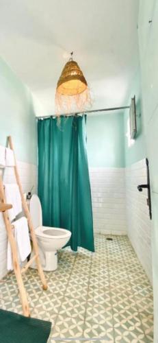 a bathroom with a green shower curtain and a toilet at App 3 min from the ferry passenger terminal Tanger Med in El Haouma