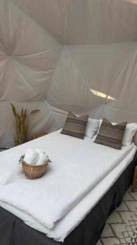 a bed in a tent with a basket on it at Vollsnes Glamping in Hjelle