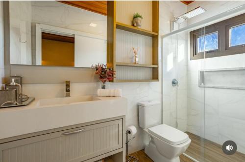 a bathroom with a toilet and a sink and a shower at Casa do Vinho- condomínio Altos da Serra in Bom Jardim da Serra