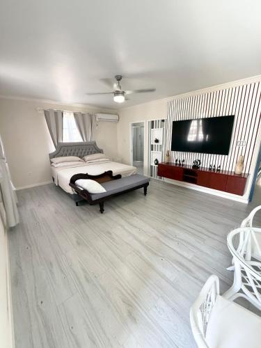 a large bedroom with a bed and a flat screen tv at Townhouse in Mangrove, St Philip in Saint Philip