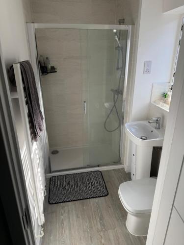 a bathroom with a shower and a toilet and a sink at 14 Lumb close in Swindon