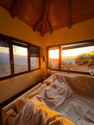 1 cama en un dormitorio con 2 ventanas en Veranda Villa, en Arachova
