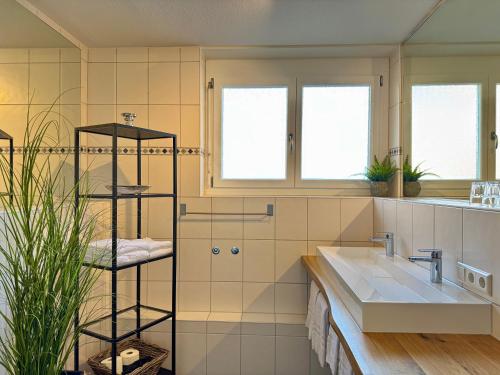 a bathroom with a sink and a shower at Krozinger Gartenloft - Design Apartment in Bad Krozingen