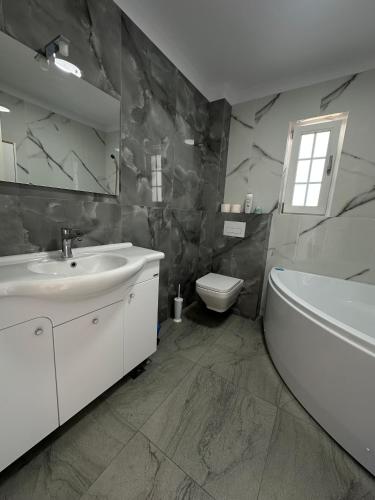 Un baño con lavabo, bañera e inodoro. en Vila Ursu, en Iaşi