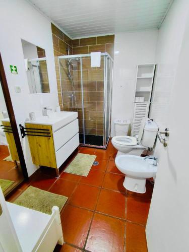 a bathroom with a toilet and a sink and a shower at Brincalquimia in Setúbal