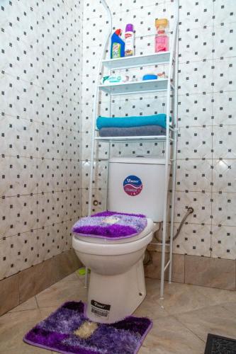 a bathroom with a toilet with a purple lid at Sun city One bedroom Apt in Kampala