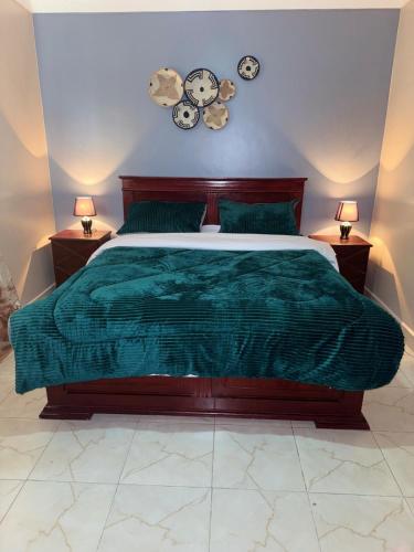 a bedroom with a bed with a green comforter at Sun city One bedroom Apt in Kampala