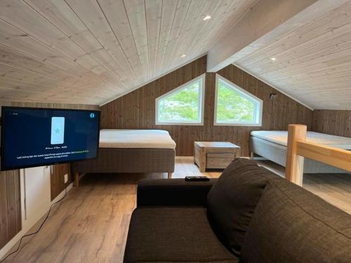 a room with a couch and a tv in a room at New cabin Vrådal - sunny - fantastic hiking areas in Kviteseid
