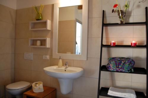 a bathroom with a sink and a toilet and a mirror at Agriturismo Casa del Castagneto in Gargnano