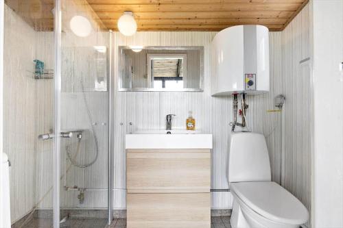 a bathroom with a toilet and a sink and a shower at 5580-Svaneke-Mor-Markers-Gaenge-13 in Svaneke