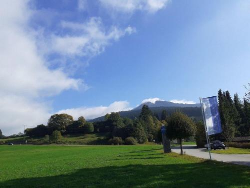 un champ vert avec un panneau dans l'herbe dans l'établissement Ferienhaus Wieselweg im Feriendorf Reichenbach 3, à Nesselwang