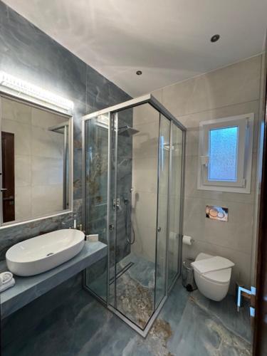 a bathroom with a glass shower and a toilet at Irida Home in Parga