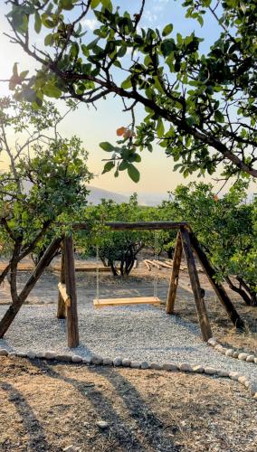 a wooden swing set sitting under a tree at EcoHouse Glamping by ART HOTEL in Bishkek