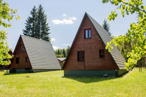a house with a pitched roof on a grass field at Domek w Krasnobrodzie Pszczeliniec Krasnodomki in Krasnobród