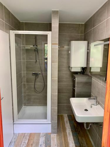 a bathroom with a shower and a sink at Holzhaus Devils Corner in Oberwaldbehrungen
