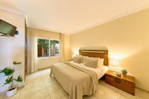 a bedroom with a large bed and a television at SANTA CRUZ SUITE Jardín con vistas Mijas Costa in Málaga