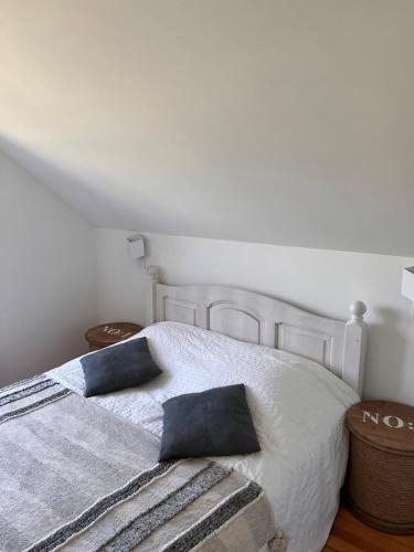a bedroom with a white bed with two pillows on it at Maison Jazharra -SPA - 6 - 8 pers - Proche Golf in Frehel