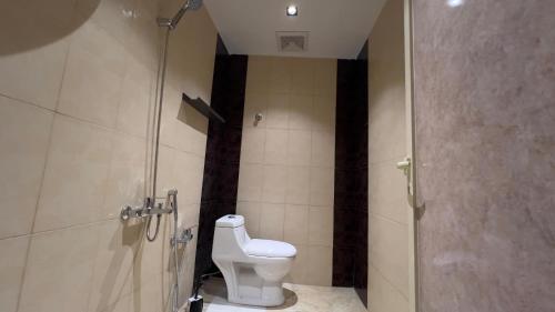 a bathroom with a toilet and a shower at Hotel studio with modern design, self check-in and a special location in Unayzah