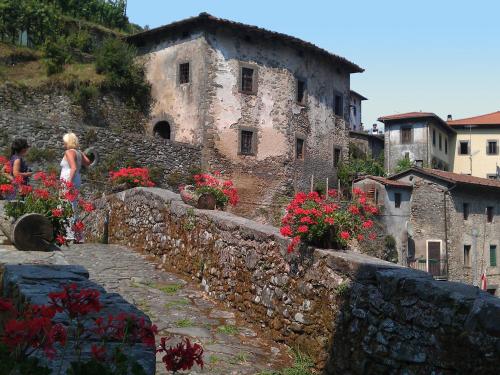 a woman walking up a stone wall with flowers at Cottage in Pescia with Pool & Garden in San Quirico