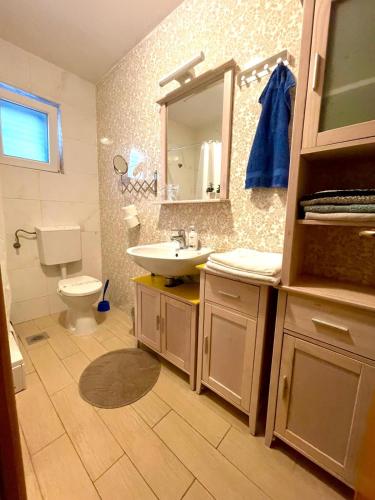 a bathroom with a sink and a toilet and a mirror at Ribarica GO green 2 in Ribarica