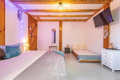 a bedroom with two beds and a flat screen tv at 2 Magical Villas with Yoga Shala up to 23 guests in Patos