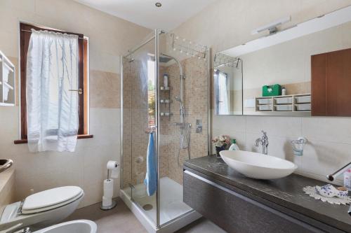Un baño con lavabo, inodoro y ducha. en La Terrazza Appartamento Agata, en Sirmione