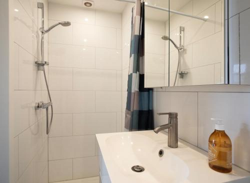 a bathroom with a sink and a shower at Hemhuisje in Zaandam