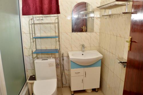 a small bathroom with a toilet and a sink at Aida's Gardens And Mable's Kitchen Entebbe in Entebbe