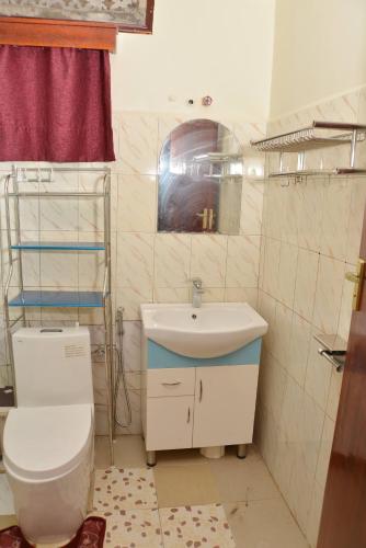 a bathroom with a toilet and a sink at Aida's Gardens And Mable's Kitchen Entebbe in Entebbe