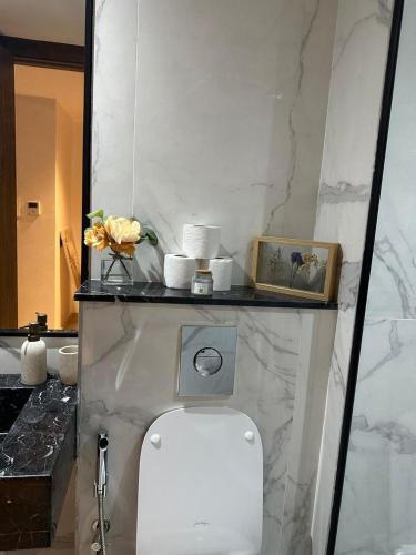 a bathroom with a toilet with a shelf above it at Appartement de luxe au coeur de Casa in Oulad Akkou