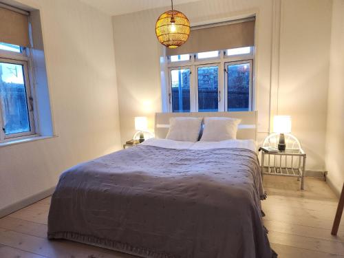a bedroom with a large bed and two windows at aday - Vejle City Center 1 Bedroom Apartment in Vejle