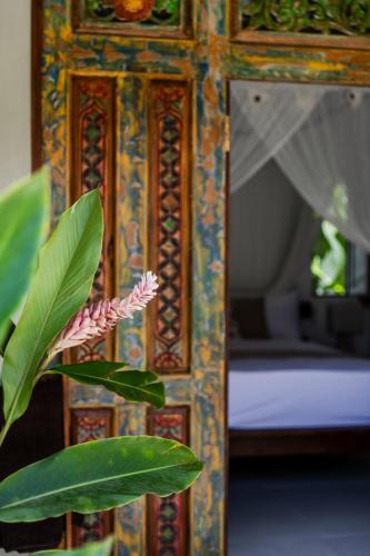 a mirror in front of a bed with a plant at Bali Style Boutique Hotel in Las Terrenas