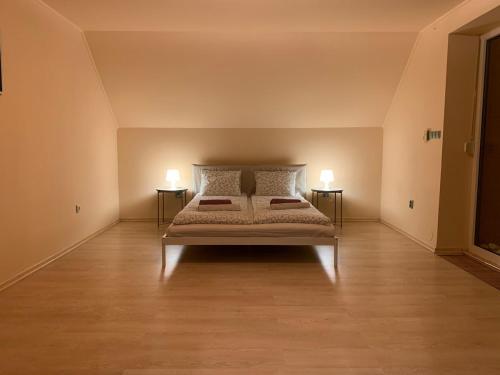 a bedroom with a bed with two lamps on the floor at Vila u lesa - Mikulovice in Jeseník